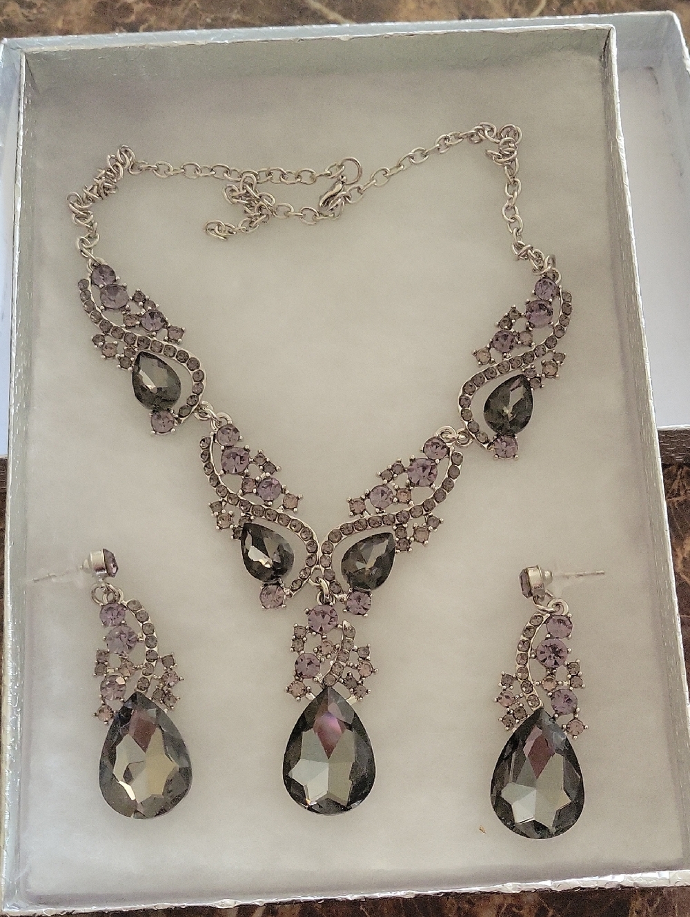 Silver-Tone Grey Crystal Teardrop Necklace & Earring Set